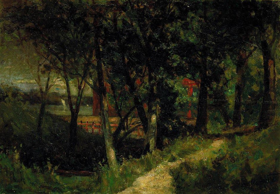 Edward Mitchell Bannister landscape, forest scene with red fence and building